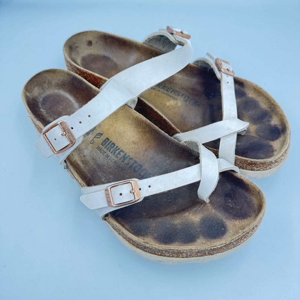 Birkenstock Mayari Sandals Women 40 White Strappy Cork Footbed Rose Gold Buckle